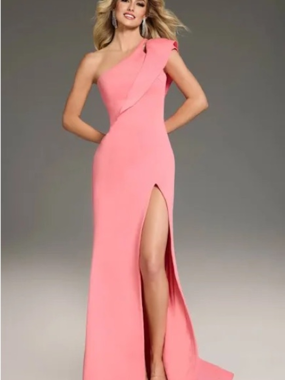 One-Shoulder Coral Evening Gown with Side Thigh Slitt
